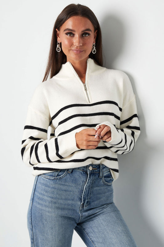 Knitted sweater stripes with zipper - beige black - SM