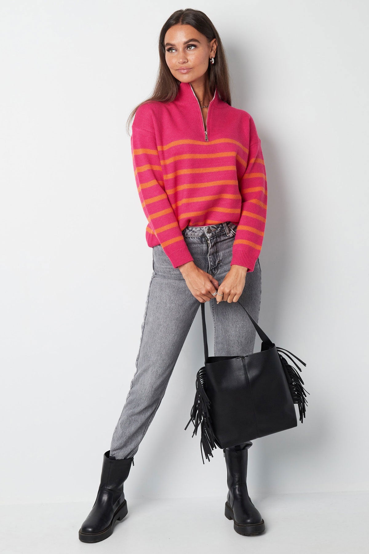 Knitted sweater stripes with zipper - beige black - SM