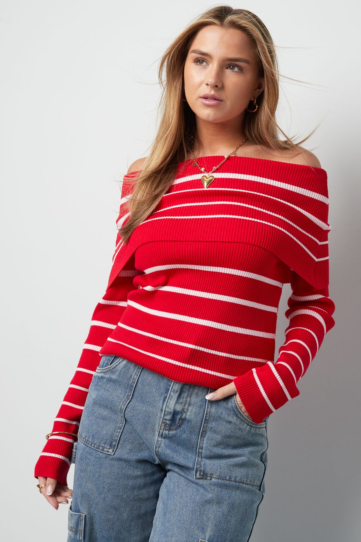 Striped off shoulder top - Black & red
