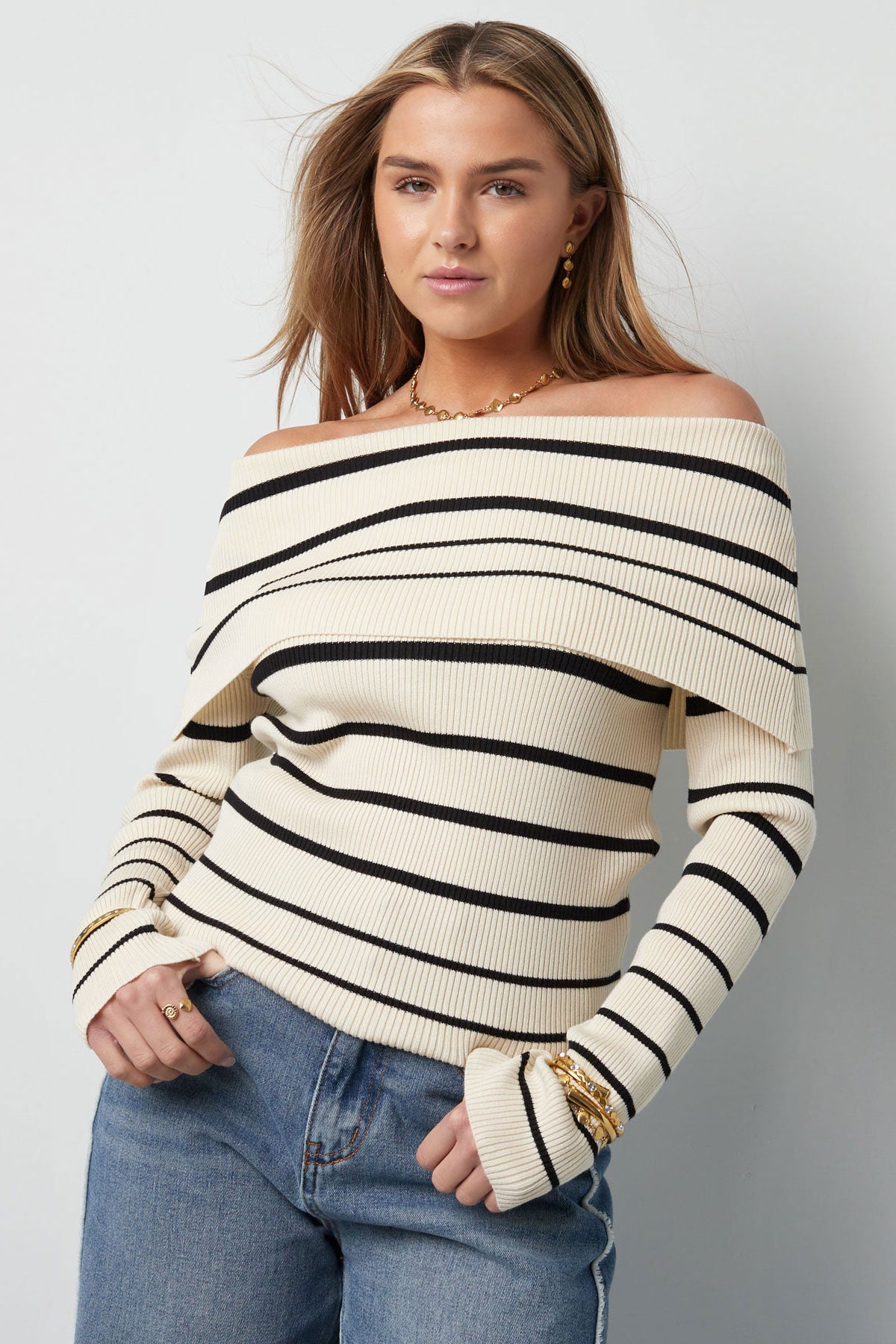 Striped off shoulder top - Black & red