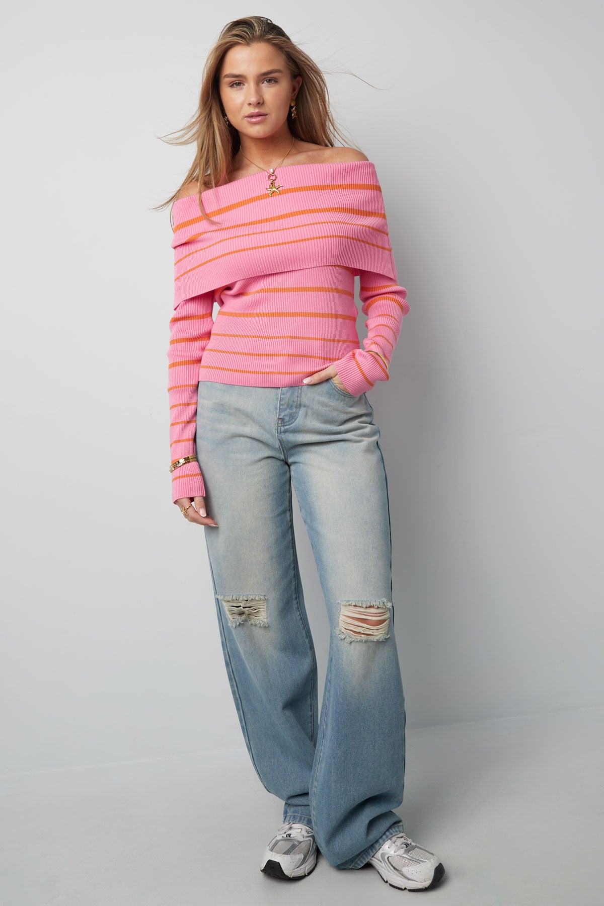 Striped off shoulder top - Black & red