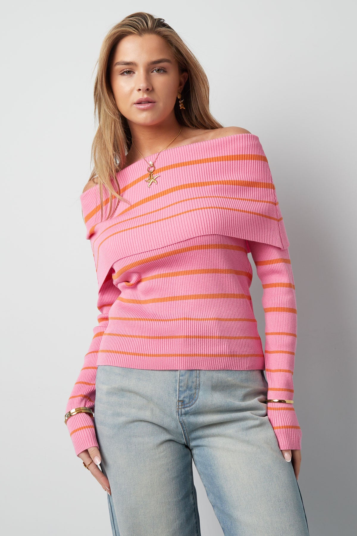 Striped off shoulder top - Black & red
