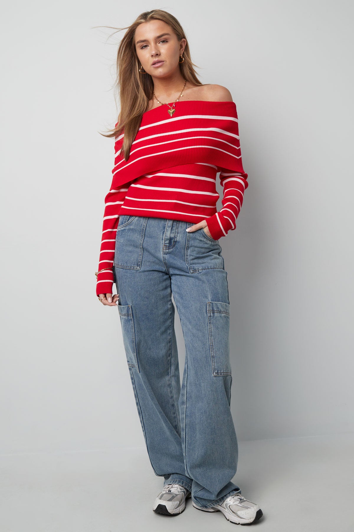Striped off shoulder top - Black & red