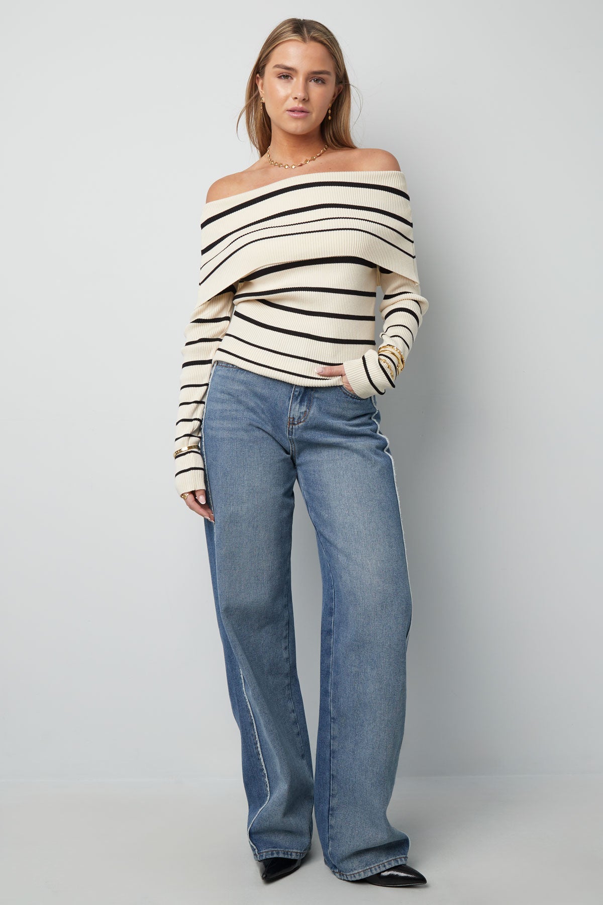 Striped off shoulder top - Black & red