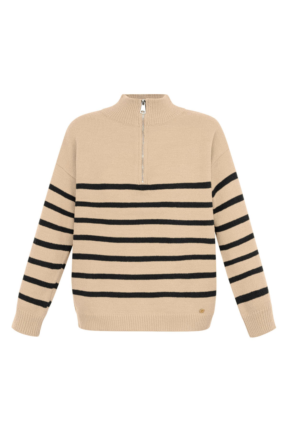Knitted sweater stripes with zipper - beige black - SM