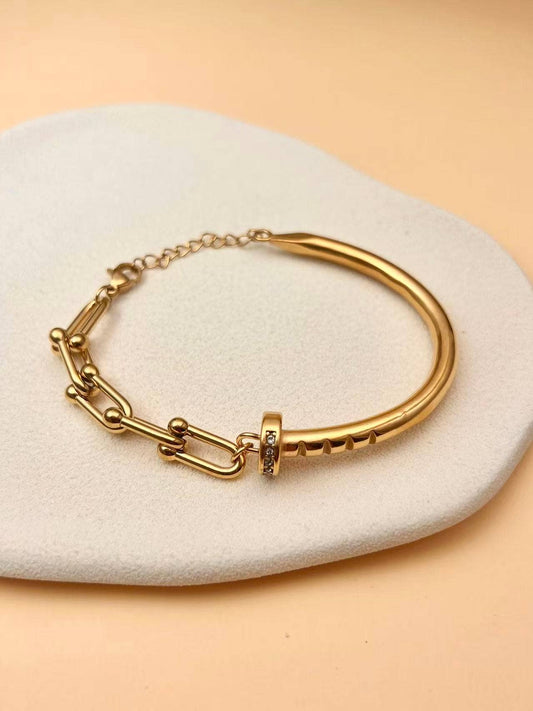 Pulseira dourada mista corrente rígida gravada em aço inoxidável