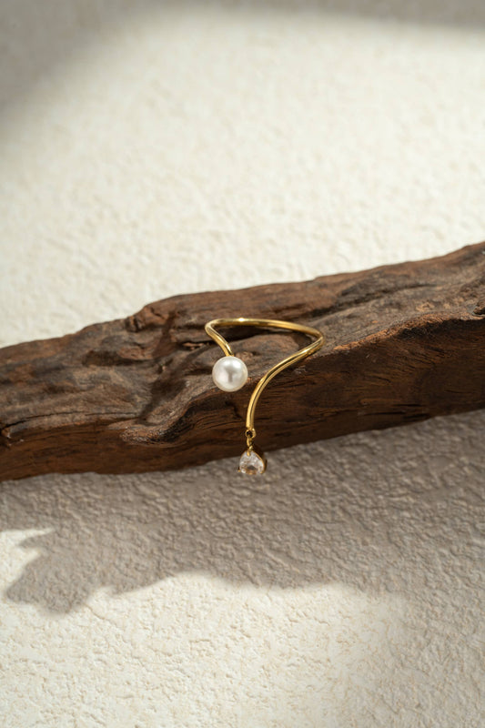 Anel refinado pérola cristal pendente aço inoxidável dourado